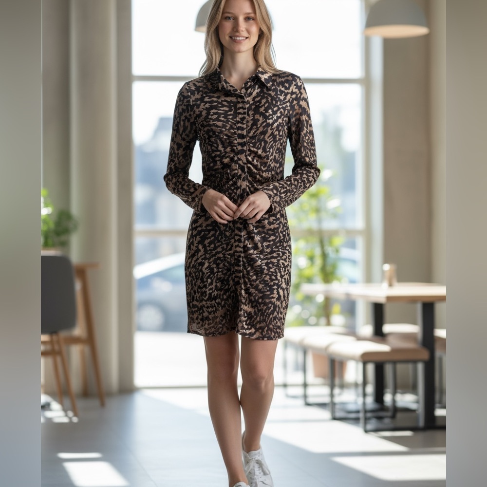 ACOA | Textured Semi-Sheer Animal Print Dress with Ruched Detail